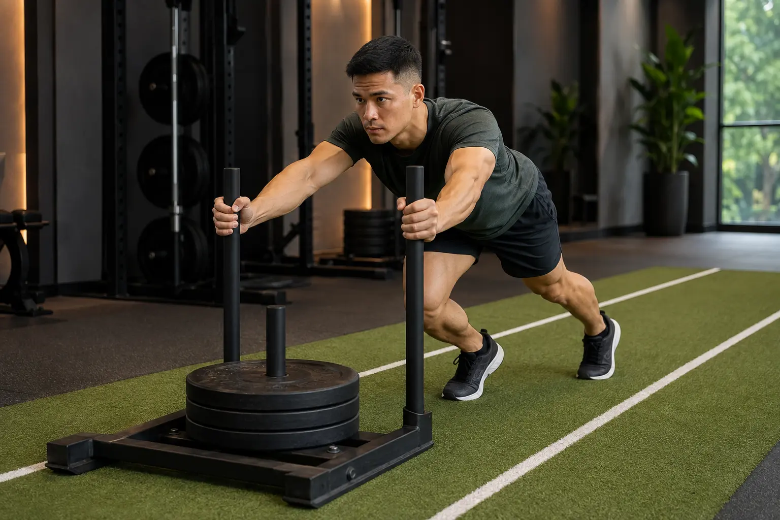 An athlete pushing a weighted sled during hybrid fitness training