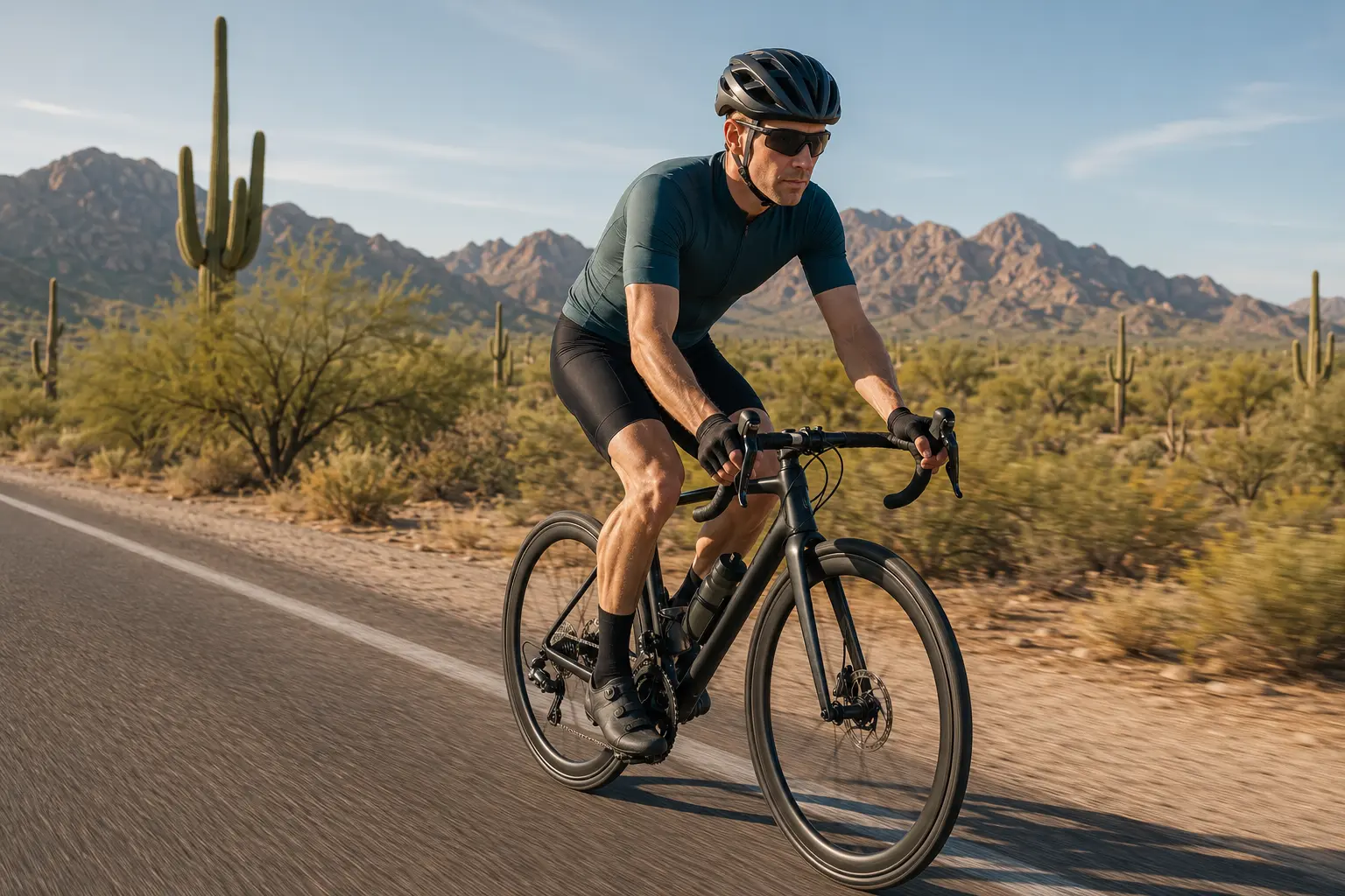 A road cyclist training on a Sonoran Desert road near Tucson