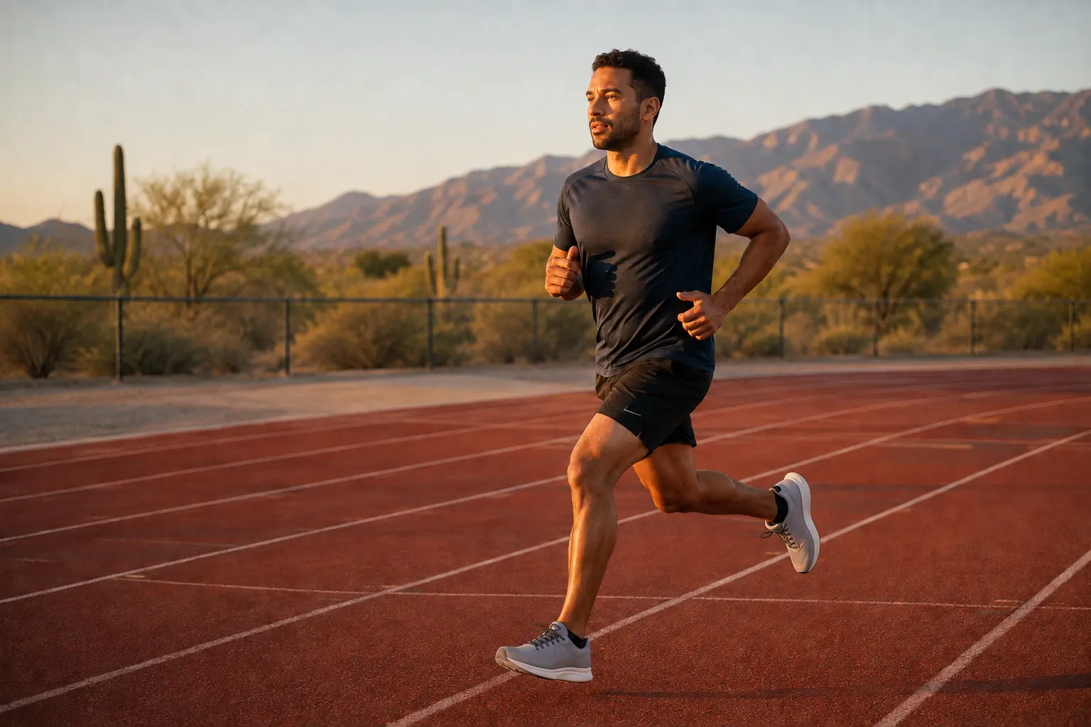 A runner completing an interval on an outdoor track in Tucson